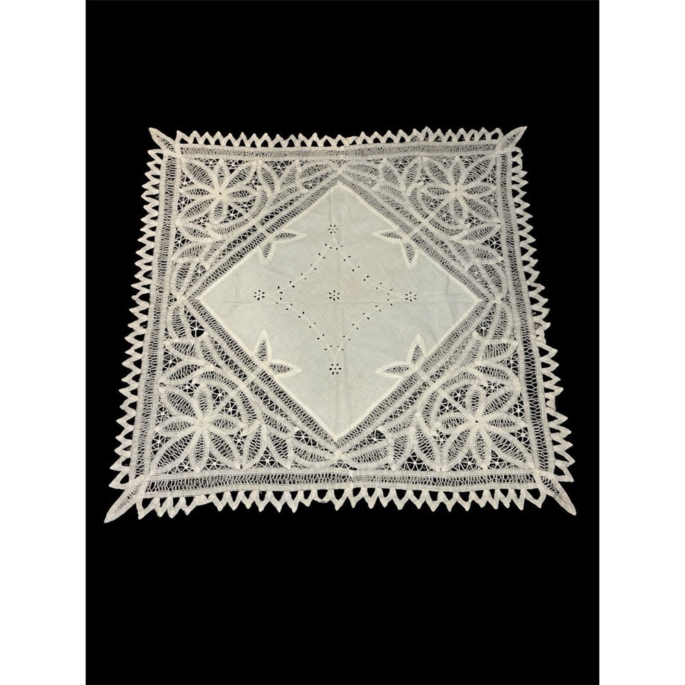 Antique TableCloth Battenburg Lace Handmade 35" Square With Hand Stitches Cotton